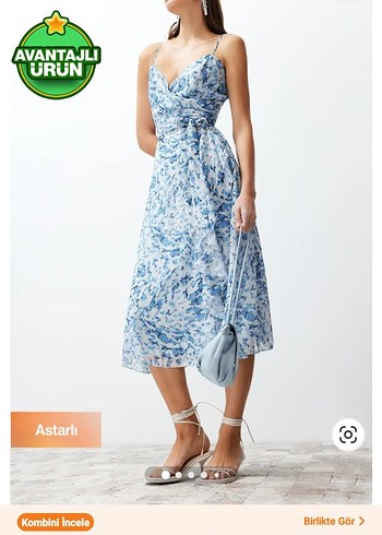 Trendyol & Milla Mavi şifon desenli midi elbise