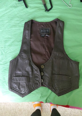 Kahverengi Deri Biker Kadın Yelek - Görsel 8