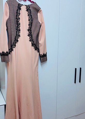 40 Beden Toz Pembe İşlemeli Dantel Detaylı Uzun Kadın Elbise