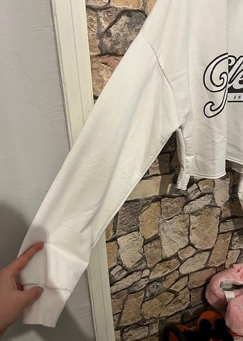 Kadın S beden Beyaz Baskılı Pamuklu Sweatshirt - Görsel 3