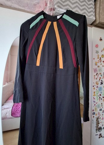 Uzun Kollu Çok Renkli Ofis Elbisesi - Görsel 2