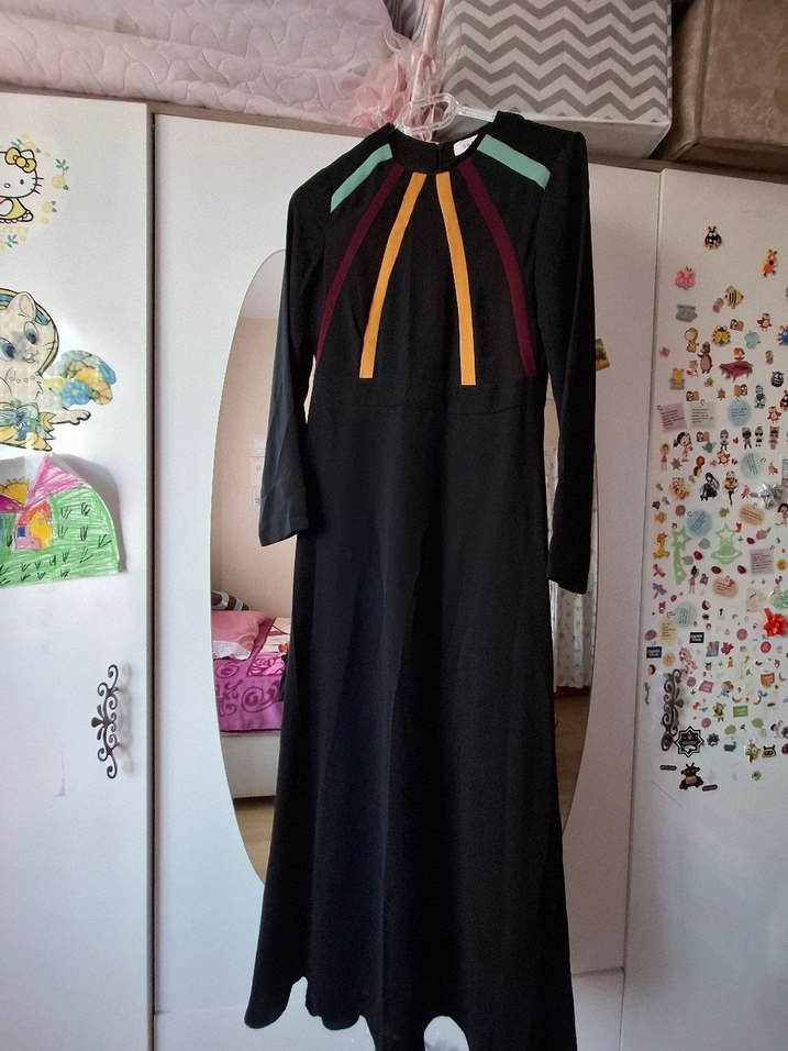 Uzun Kollu Çok Renkli Ofis Elbisesi - Görsel 4