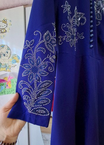 Nakışlı Uzun Kollu Mavi Henna Elbise - Görsel 3