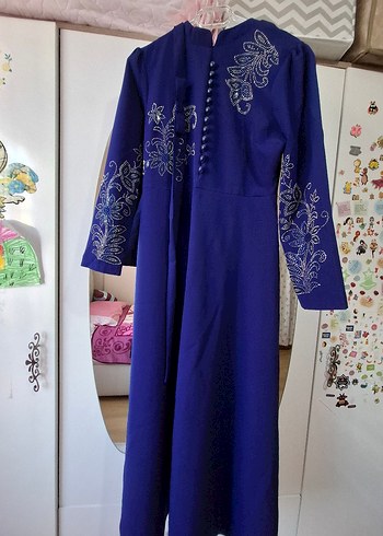 Nakışlı Uzun Kollu Mavi Henna Elbise - Görsel 2