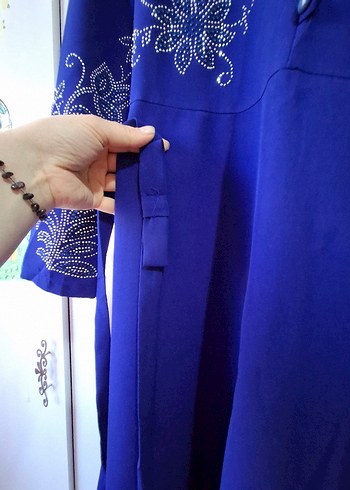 Nakışlı Uzun Kollu Mavi Henna Elbise - Görsel 7