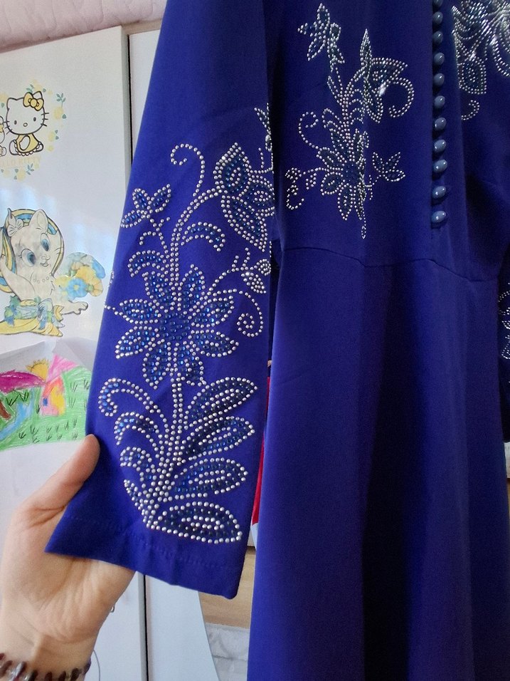 Nakışlı Uzun Kollu Mavi Henna Elbise - Görsel 3