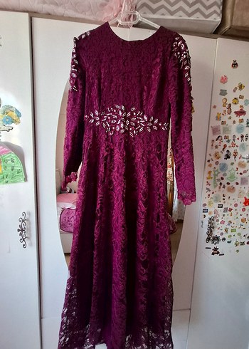 Bordo Dantel Uzun Kollu Bohem Nişan Elbisesi - Görsel 2