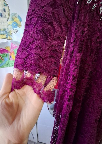 Bordo Dantel Uzun Kollu Bohem Nişan Elbisesi - Görsel 3