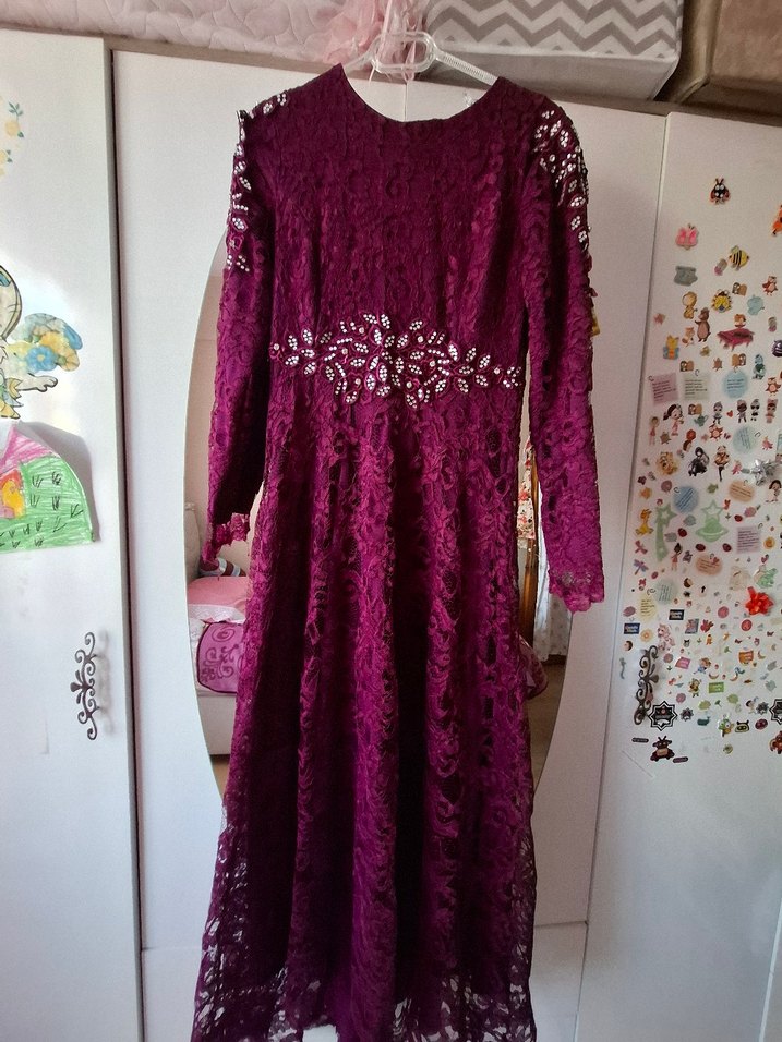 Bordo Dantel Uzun Kollu Bohem Nişan Elbisesi - Görsel 2