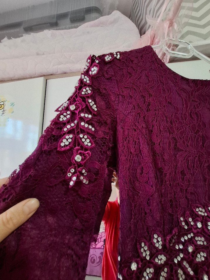 Bordo Dantel Uzun Kollu Bohem Nişan Elbisesi - Görsel 5