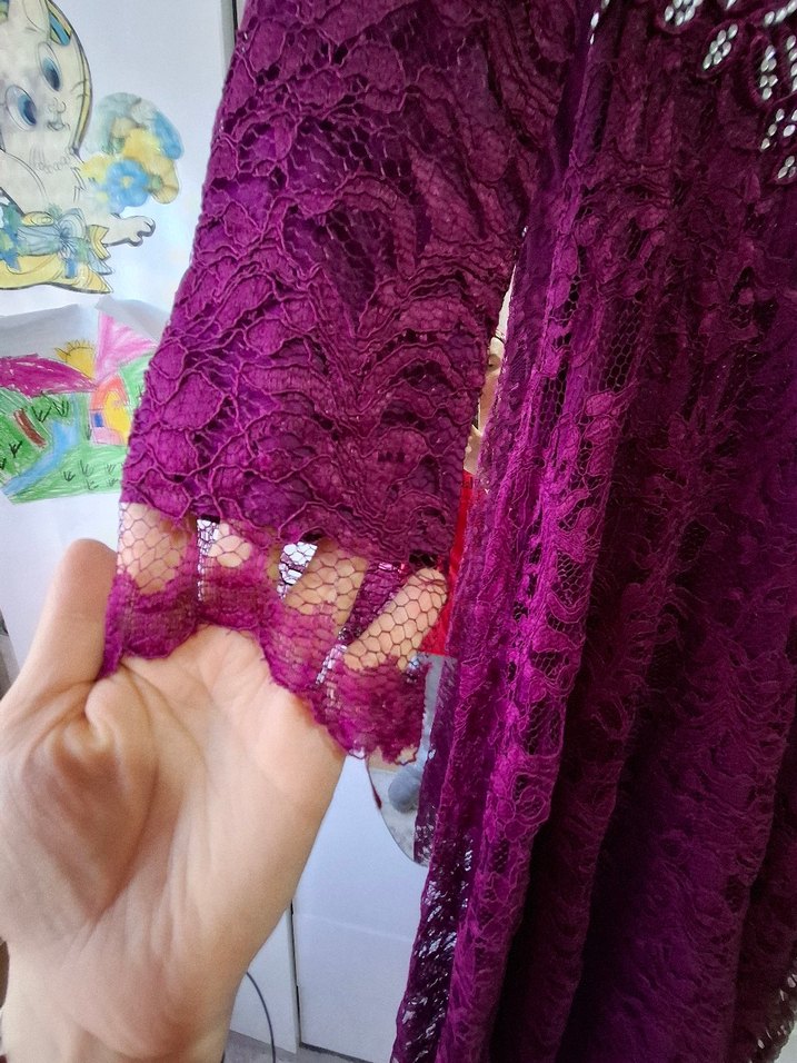 Bordo Dantel Uzun Kollu Bohem Nişan Elbisesi - Görsel 3