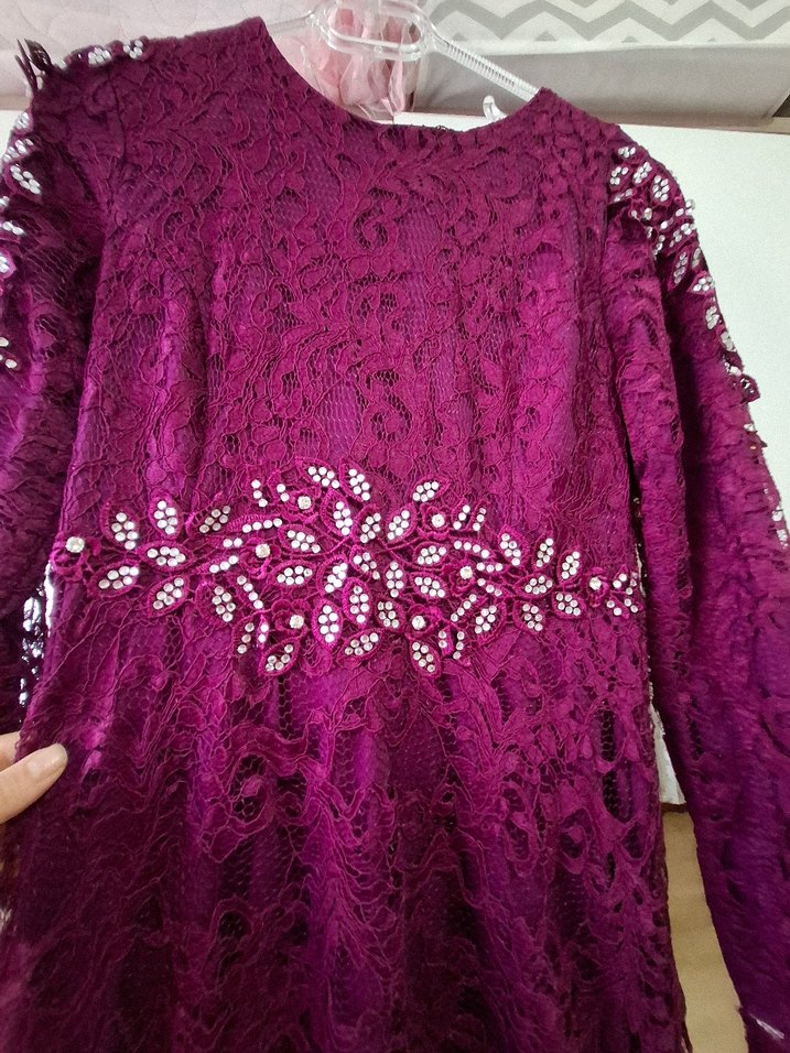 Bordo Dantel Uzun Kollu Bohem Nişan Elbisesi - Görsel 4