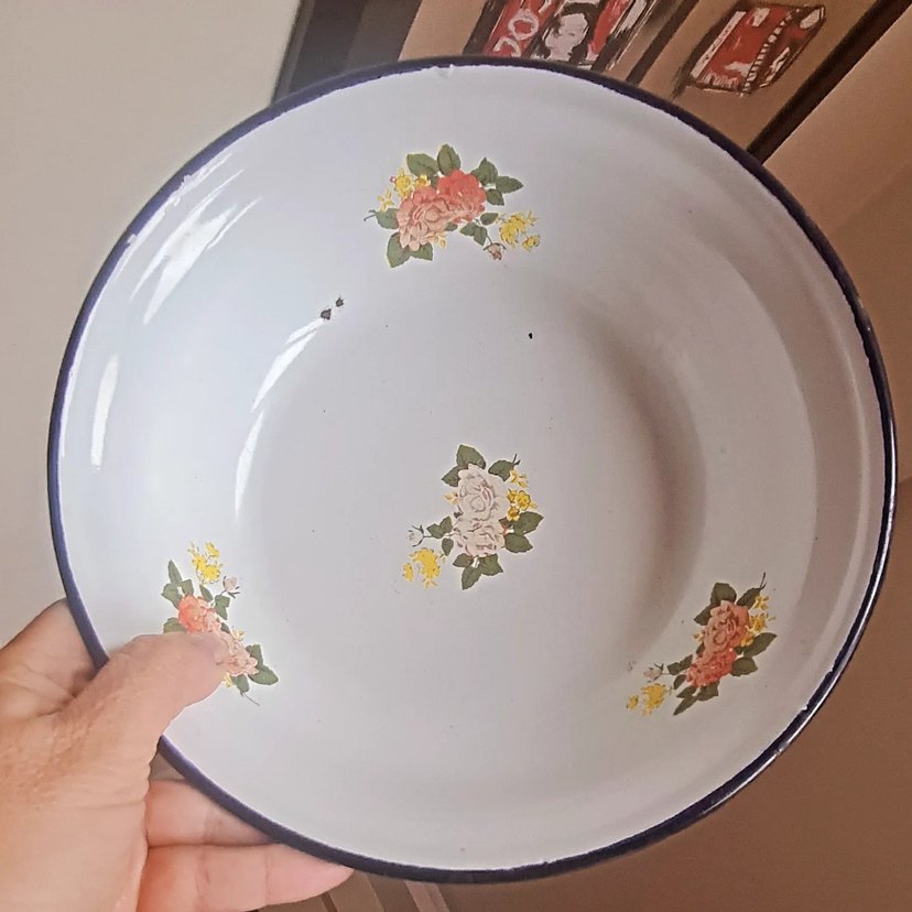 Çiçek Desenli Beyaz Emaye Tabak - Görsel 3