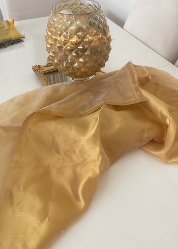 Bej Parlak Saten Kadın eşarp tül detaylıdır - Görsel 3