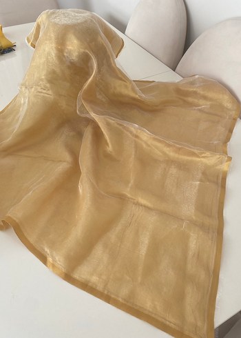 Bej Parlak Saten Kadın eşarp tül detaylıdır - Görsel 5