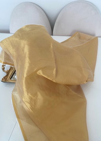 Bej Parlak Saten Kadın eşarp tül detaylıdır - Görsel 6