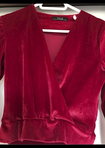 Bordo Kadife V Yaka Drapeli Bluz - Görsel 3