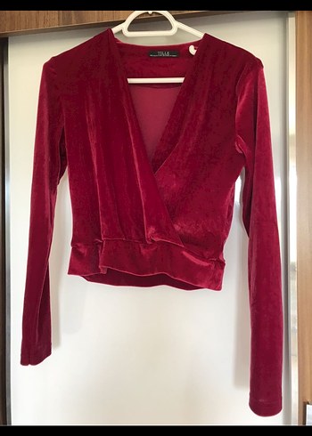 Bordo Kadife V Yaka Drapeli Bluz - Görsel 2