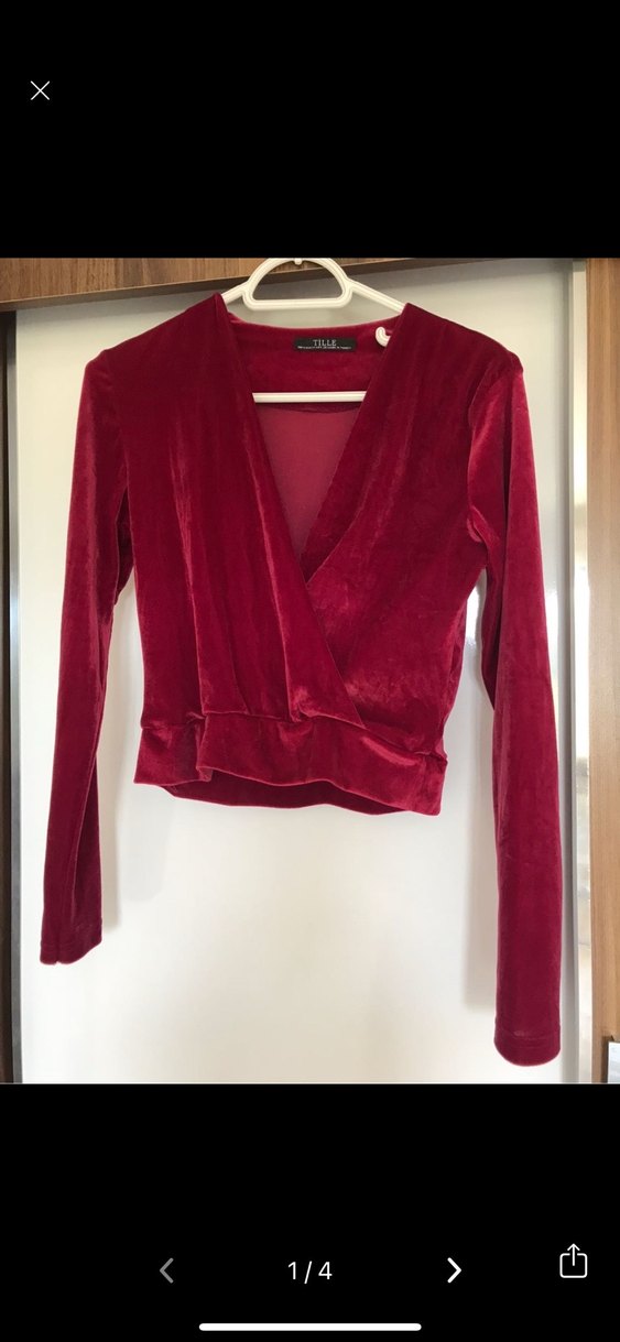 Bordo Kadife V Yaka Drapeli Bluz - Görsel 2