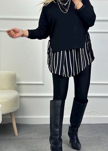 Siyah Çizgili gömlek detay oversize Sweet - Görsel 4