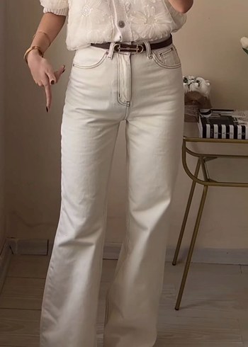 Ekru yüksek bel wide leg pantolon