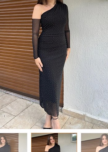 Sorridi Taşlı Drapeli Tek Omuz Siyah Elbise - Görsel 2