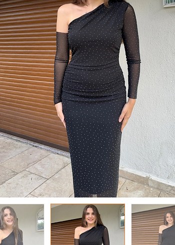 Sorridi Taşlı Drapeli Tek Omuz Siyah Elbise - Görsel 5