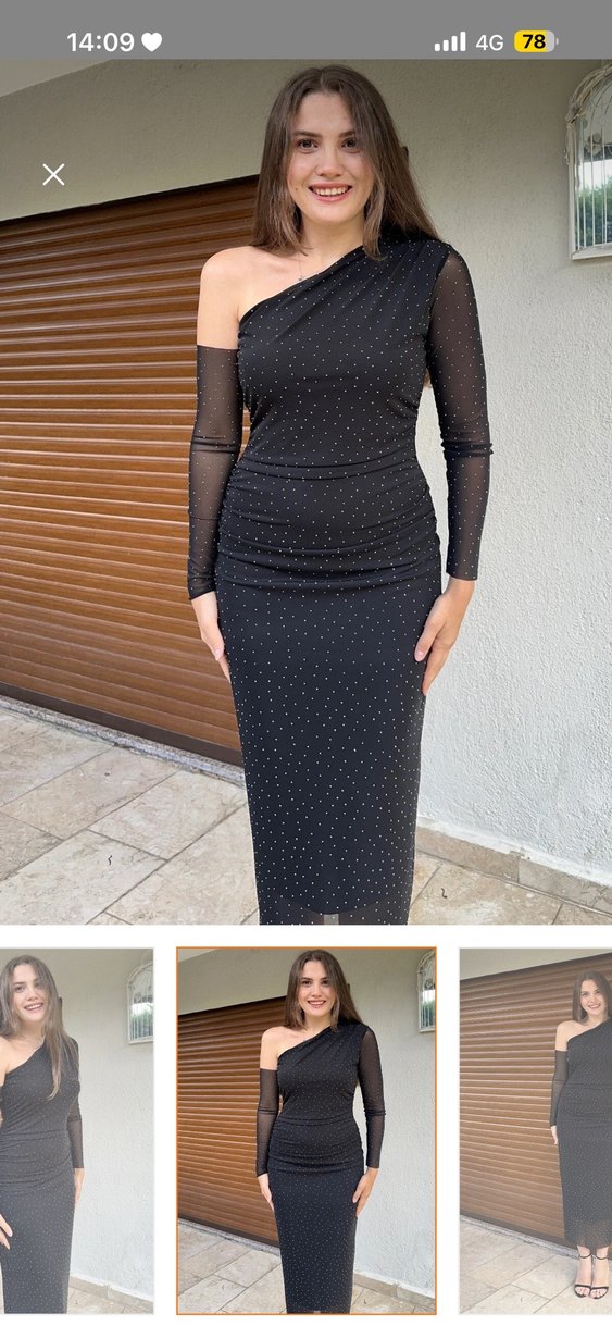 Sorridi Taşlı Drapeli Tek Omuz Siyah Elbise - Görsel 5