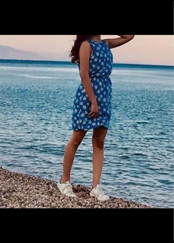 s Beden mavi Renk Mavi V Yaka Mini Dantel Detaylı Elbise