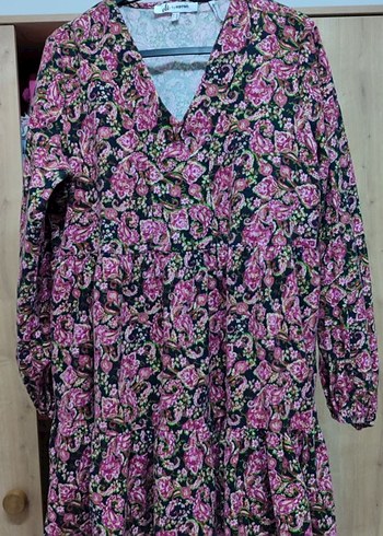 Uzun Kollu V Yaka Çiçekli Mini Elbise - Görsel 4