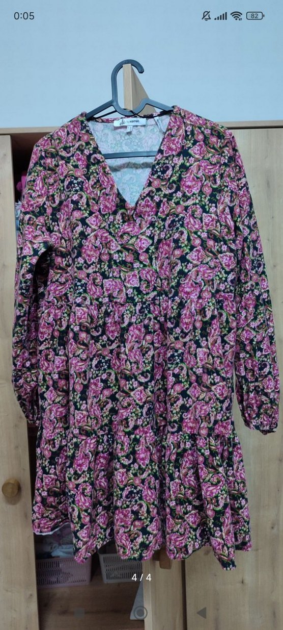 Uzun Kollu V Yaka Çiçekli Mini Elbise - Görsel 4