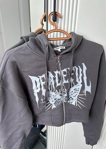 Gri Baskılı Fermuarlı Kadın Sweatshirt