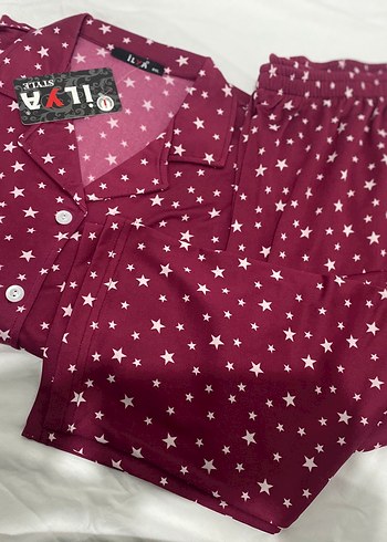 Bordo Yıldız Desenli uzun Kollu Büyük beden Pijama Takımı