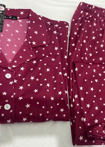 Suwen Bordo Yıldız Desenli uzun Kollu Büyük beden Pijama Takımı