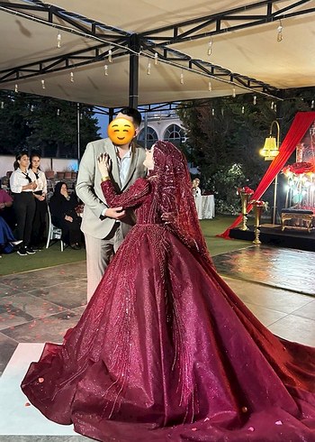 Kına Elbisesi Bordo Parlak V Yaka Uzun Kollu Drapeli Abiye - Görsel 2