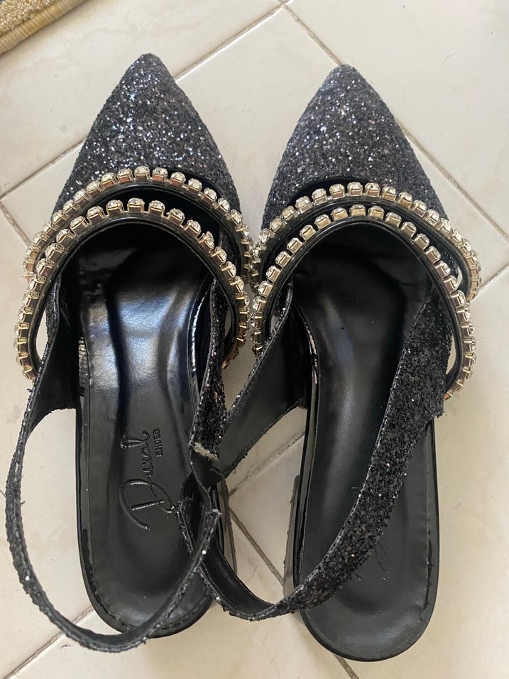Siyah Parlak Taşlı Topuklu Kadın Ayakkabı - Görsel 2