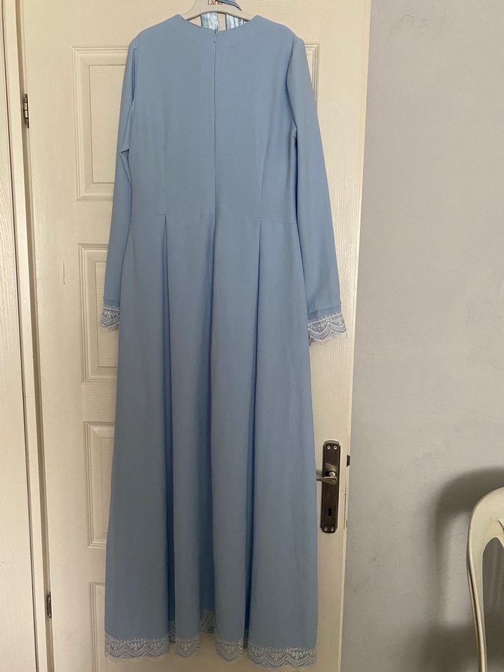 Mavi Uzun Keten Elbise, Dökümlü, Yüksek Yaka - Görsel 3