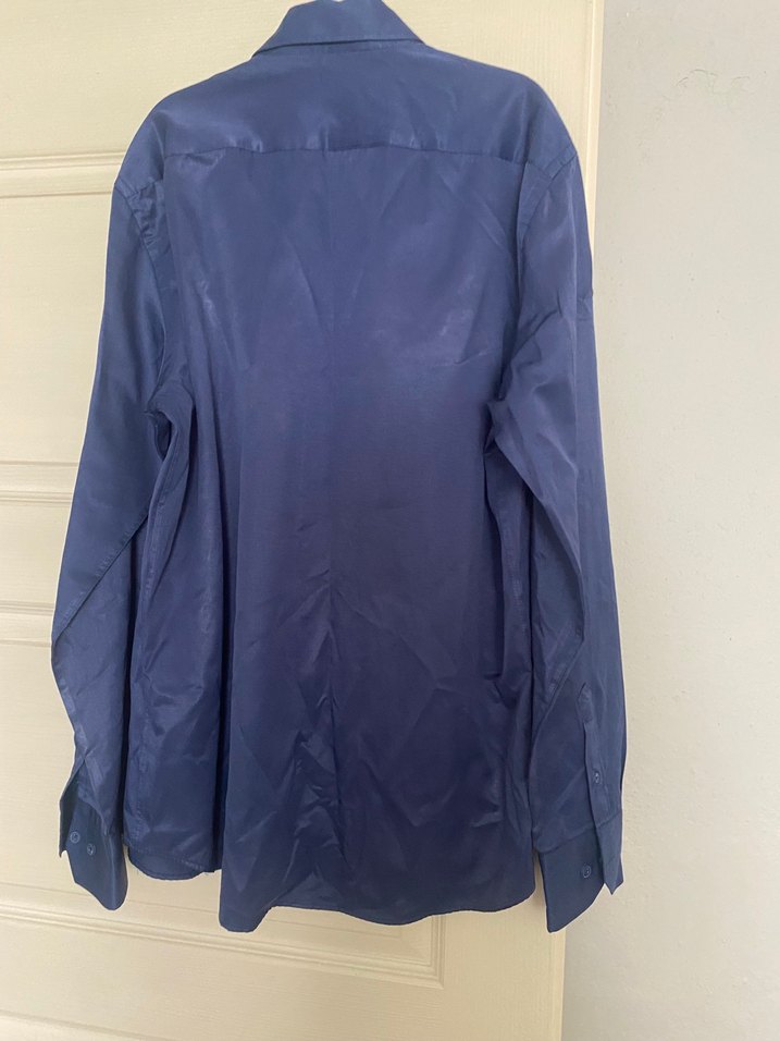 Düğmeli Mavi Saten Erkek Gömlek - Görsel 2