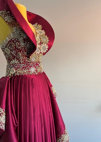 Bordo İşlemeli Uzun Kadın Abiye - Görsel 6