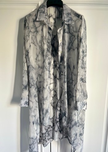 Polo Garage Şeffaf Gri Batik Desenli şifon tül Uzun Kadın Gömlek