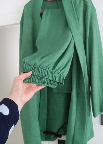 Yeşil Uzun Keten Kadın Takım Ceketi - Görsel 2