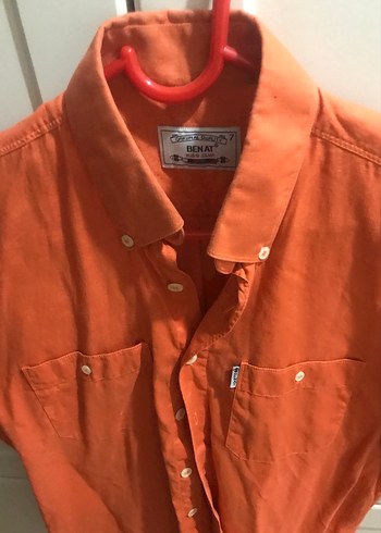 Turuncu Kısa Kollu Keten Erkek Gömlek - Görsel 2