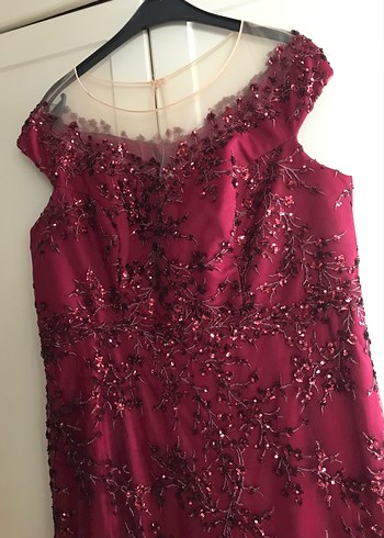 Bordo İşlemeli Uzun Abiye Elbise - Görsel 2