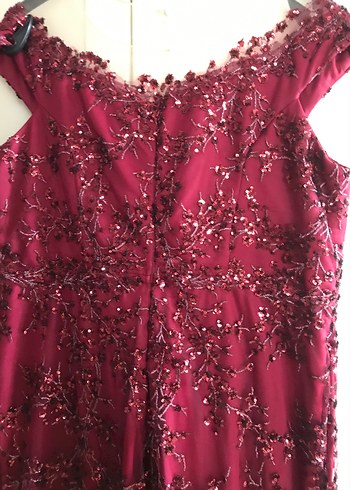 Bordo İşlemeli Uzun Abiye Elbise - Görsel 4