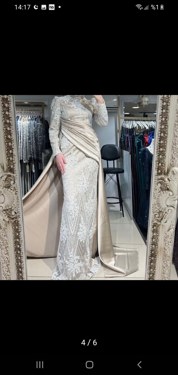 Bej Drapeli Uzun Kol Desenli Abiye Elbise - Görsel 2