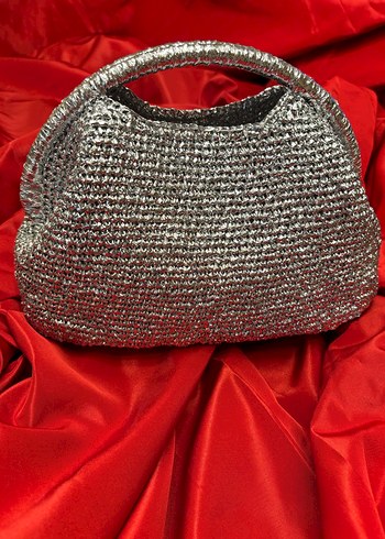  Beden Metalik İpten Örgü Clutch Çanta