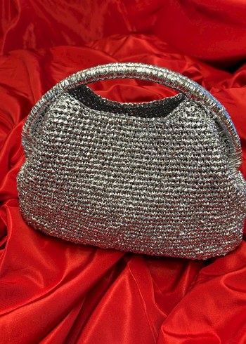  Beden gri Renk Metalik İpten Örgü Clutch Çanta