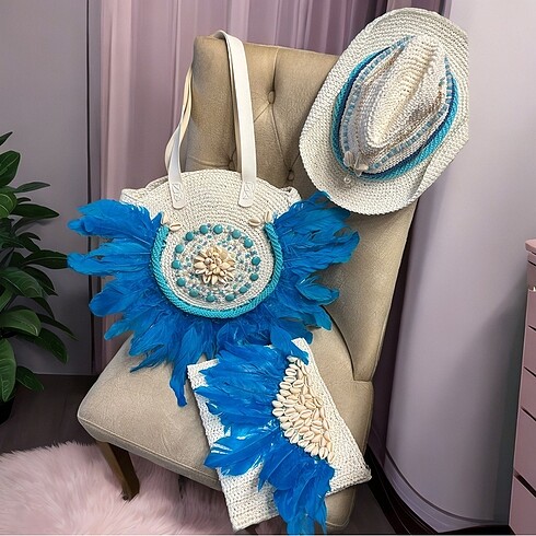Beden beyaz Renk El Örgüsü Çanta , Şapka ve Clutch Set