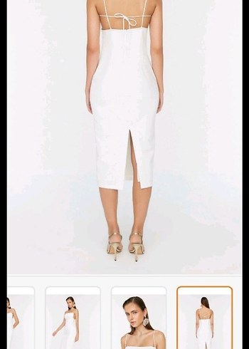 Uzun Beyaz Drapeli ince ip askılı Mezuniyet Elbisesi - Görsel 3