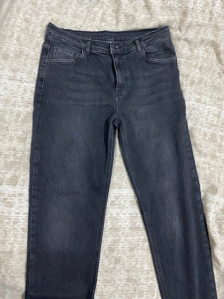 Gri Kadın Kot Pantolon, Regular Fit, Kürklü Detaylı - Görsel 2